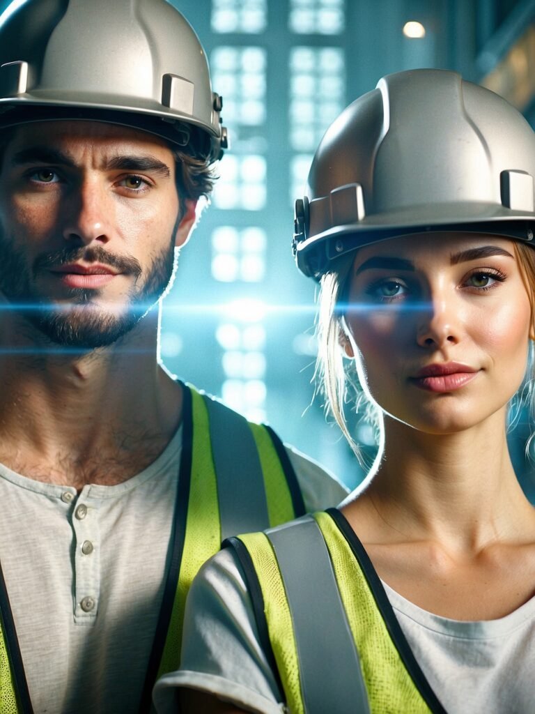 Retrato de dos trabajadores en un entorno laboral con cascos de seguridad y chalecos reflectantes, representando el compromiso con la seguridad y la prevención de riesgos en el lugar de trabajo.