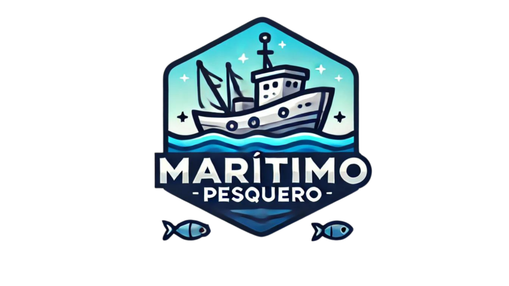 Logotipo del Sector Marítimo-Pesquero Logotipo de un barco pesquero en alta mar con peces y el título "Marítimo-Pesquero"