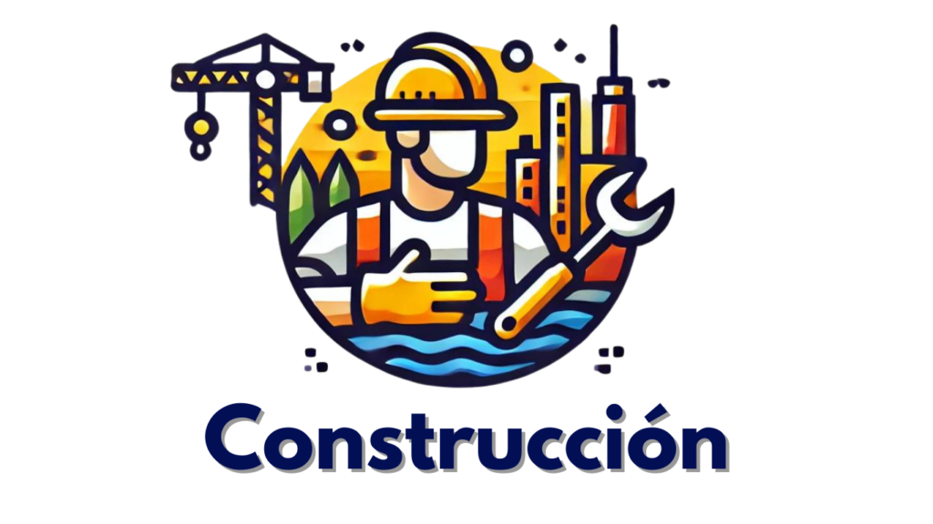 Logotipo del Sector de la Construcción Ilustración de un trabajador con casco de construcción, rodeado de una grúa y edificios en construcción.