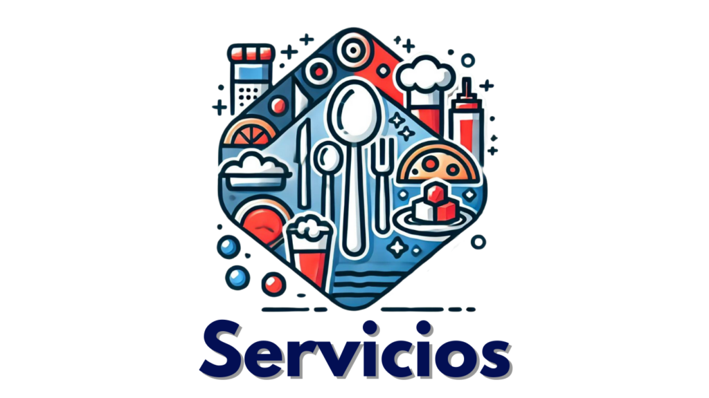 Logotipo del Sector Servicios Icono que representa el sector servicios con imágenes de utensilios de cocina y elementos de hospitalidad.