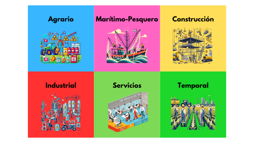 Resumen gráfico de los sectores laborales y sus principales riesgos. Los sectores mostrados incluyen agrario, marítimo-pesquero, construcción, industrial, servicios y trabajadores temporales, cada uno con sus riesgos específicos.