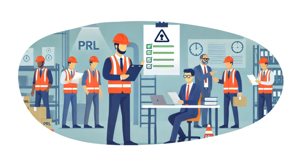 Equipo de trabajo revisando las listas de verificación en una sala de prevención de riesgos laborales.