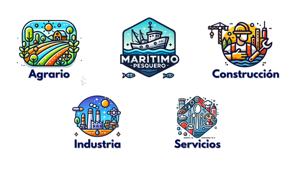 Riesgos laborales específicos en sectores como agrario, marítimo, construcción, industria y servicios, con enfoque en la prevención de riesgos laborales.