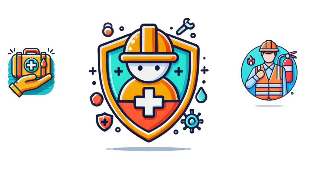 Conceptos Básicos sobre Seguridad y Salud en el Trabajo Ilustración de conceptos básicos sobre seguridad y salud en el trabajo con un escudo protector, un botiquín de primeros auxilios, y un trabajador con extintor.