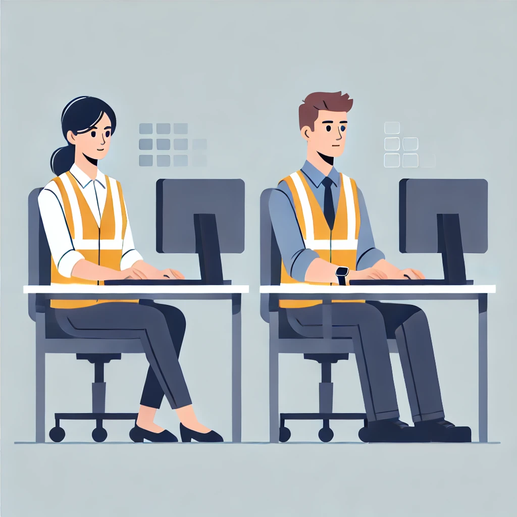 Trabajadores de construcción en un entorno de oficina moderna, trabajando en computadoras. Dos trabajadores de construcción, un hombre y una mujer, sentados en escritorios en una oficina moderna, trabajando en computadoras, con chalecos de seguridad.