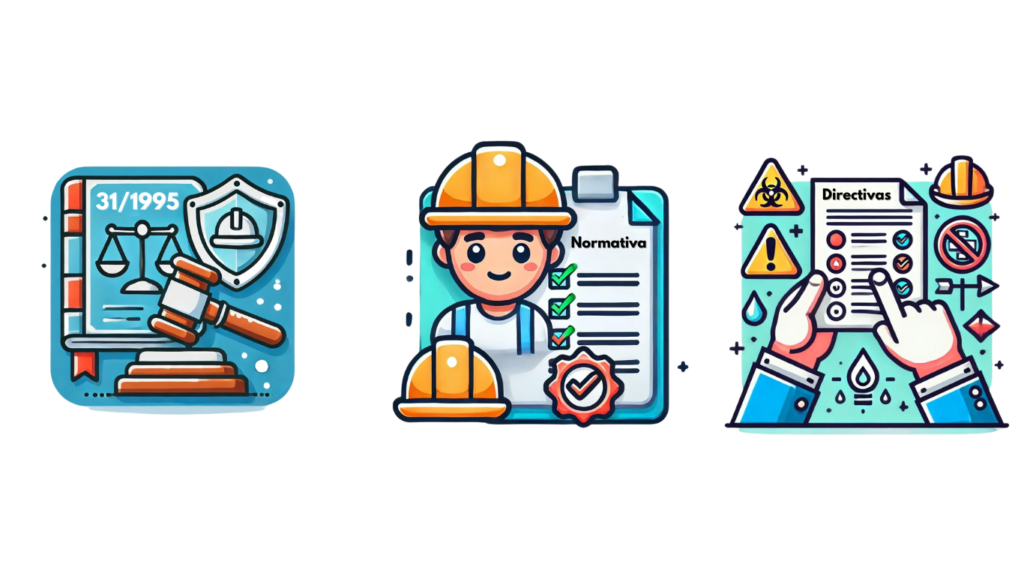 Normativa y Directivas de Seguridad Laboral - Conceptos Básicos sobre Seguridad y Salud en el Trabajo Ilustración de conceptos básicos sobre seguridad y salud laboral, con íconos que representan la normativa 31/1995, directivas de seguridad, y un trabajador con equipo de protección.